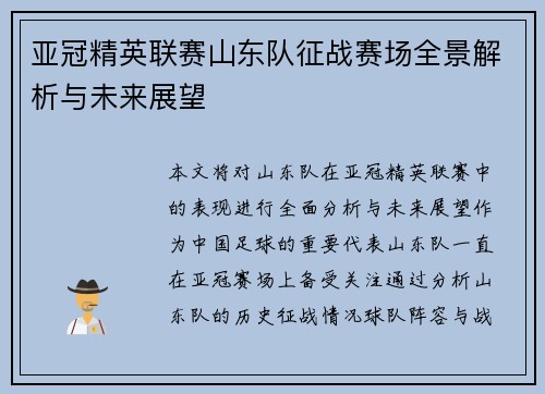 亚冠精英联赛山东队征战赛场全景解析与未来展望 亚冠精英联赛山东队征战赛场全景解析与未来展望